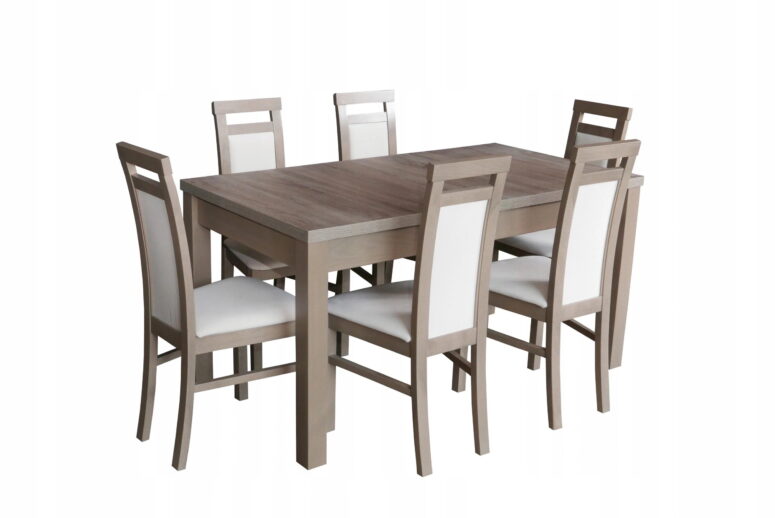 Zestaw stołu z sześcioma krzesłami do jadalni w jasnym kolorze z obiciem